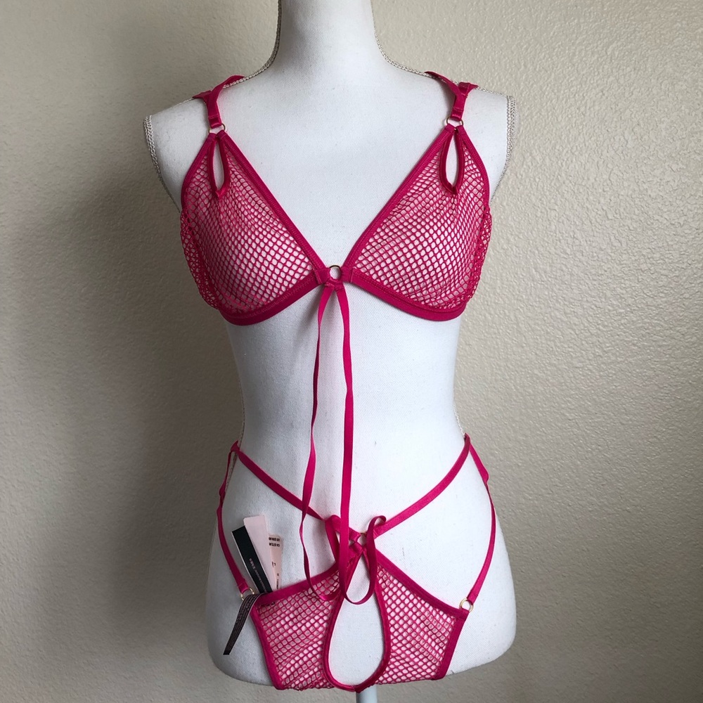 Victoria Secret NEW Fishnet Mesh Unlined Strappy Teddy Pink RAVE Body harness